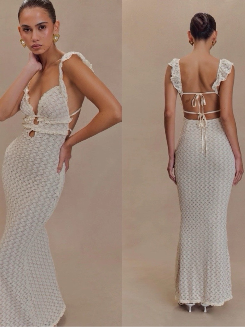 Meshki Cream Crochet Open-Back Maxi Dress